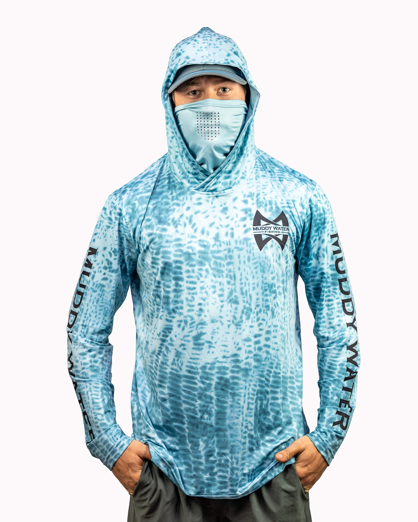 PRO Guide Series Deep Sea (Hoodie/Mask Combo) - Light Blue with pattern -  Muddy Water Outdoors